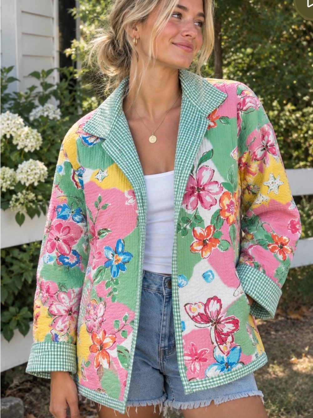 Vintage 2000s Alfred Dunner Pink, Green & Yellow Floral Quilted Cotton Jacket